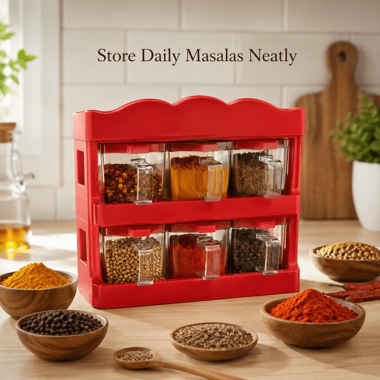 6 Pcs Plastic Masala Rack Set With Spice Jars