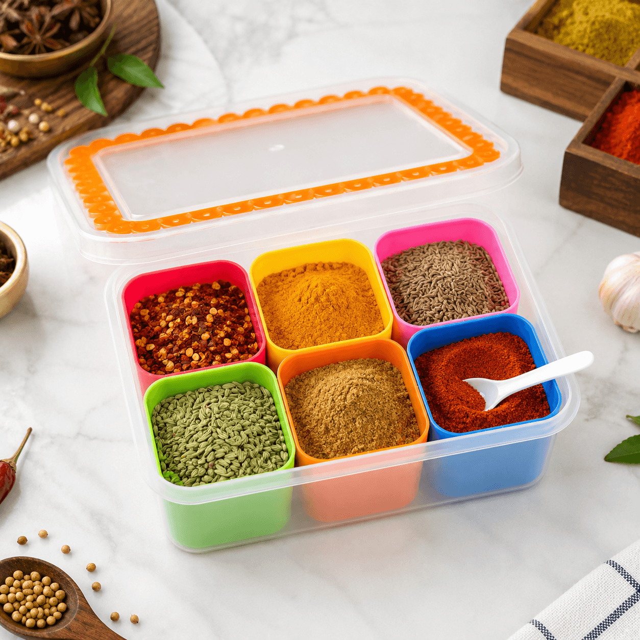 Plastic Masala Box 6 Compartments With Spoon